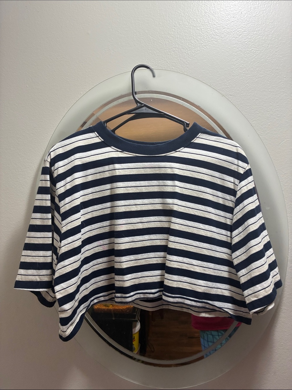 NWOT BP women’s Striped Cropped Tee - Navy and Cream. Size Medium